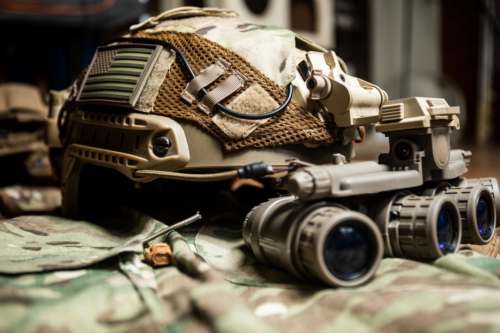 Airsoft tactical equipment including helmet and night vision gear